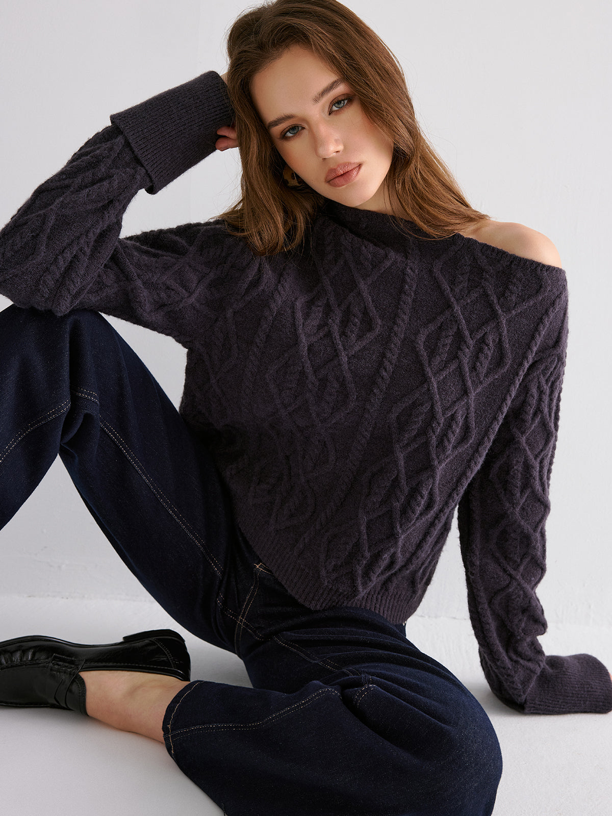 Zopfmuster-Off-Shoulder-Pullover