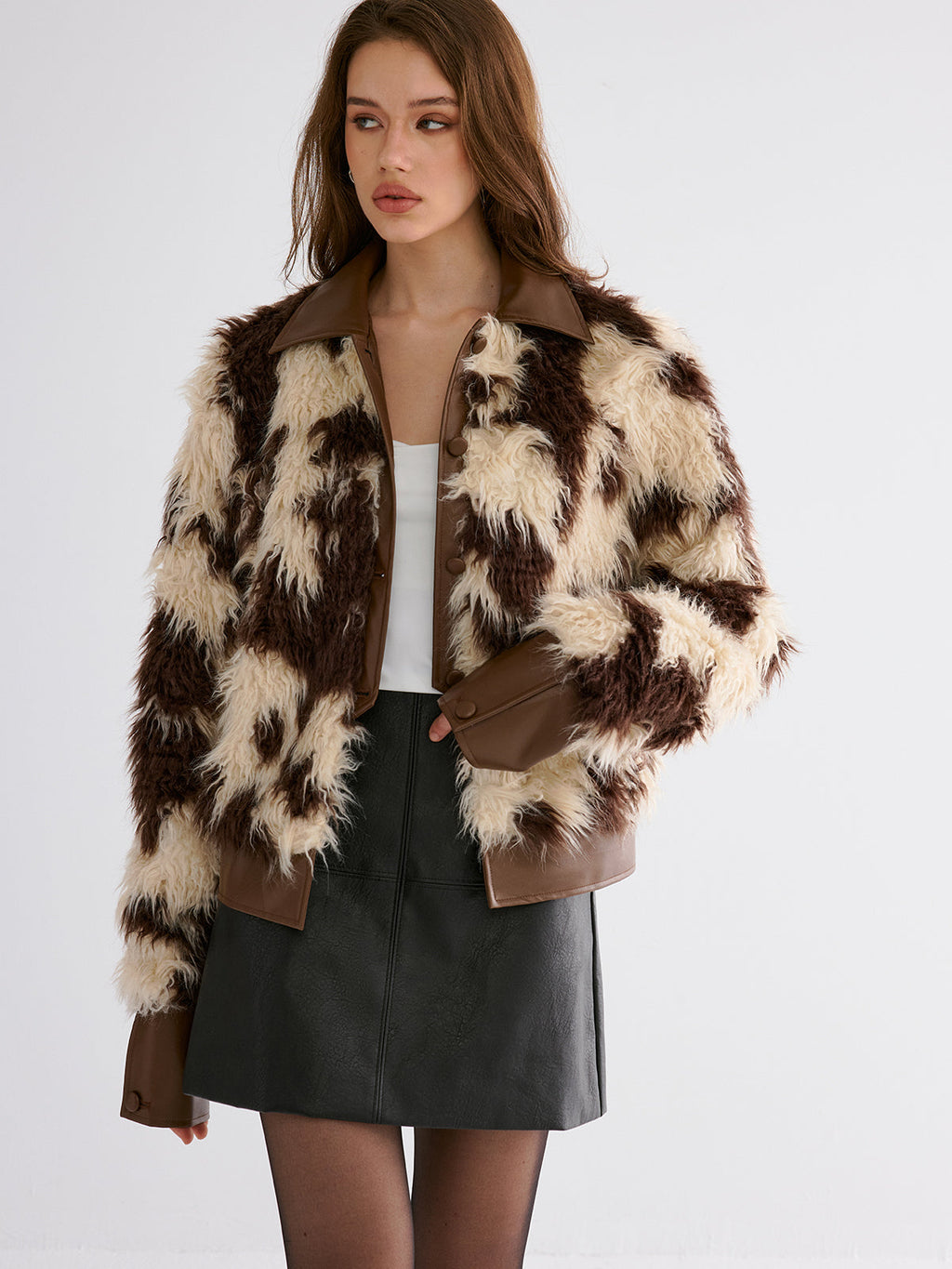 Faux Leather Panel Faux Fur Coat