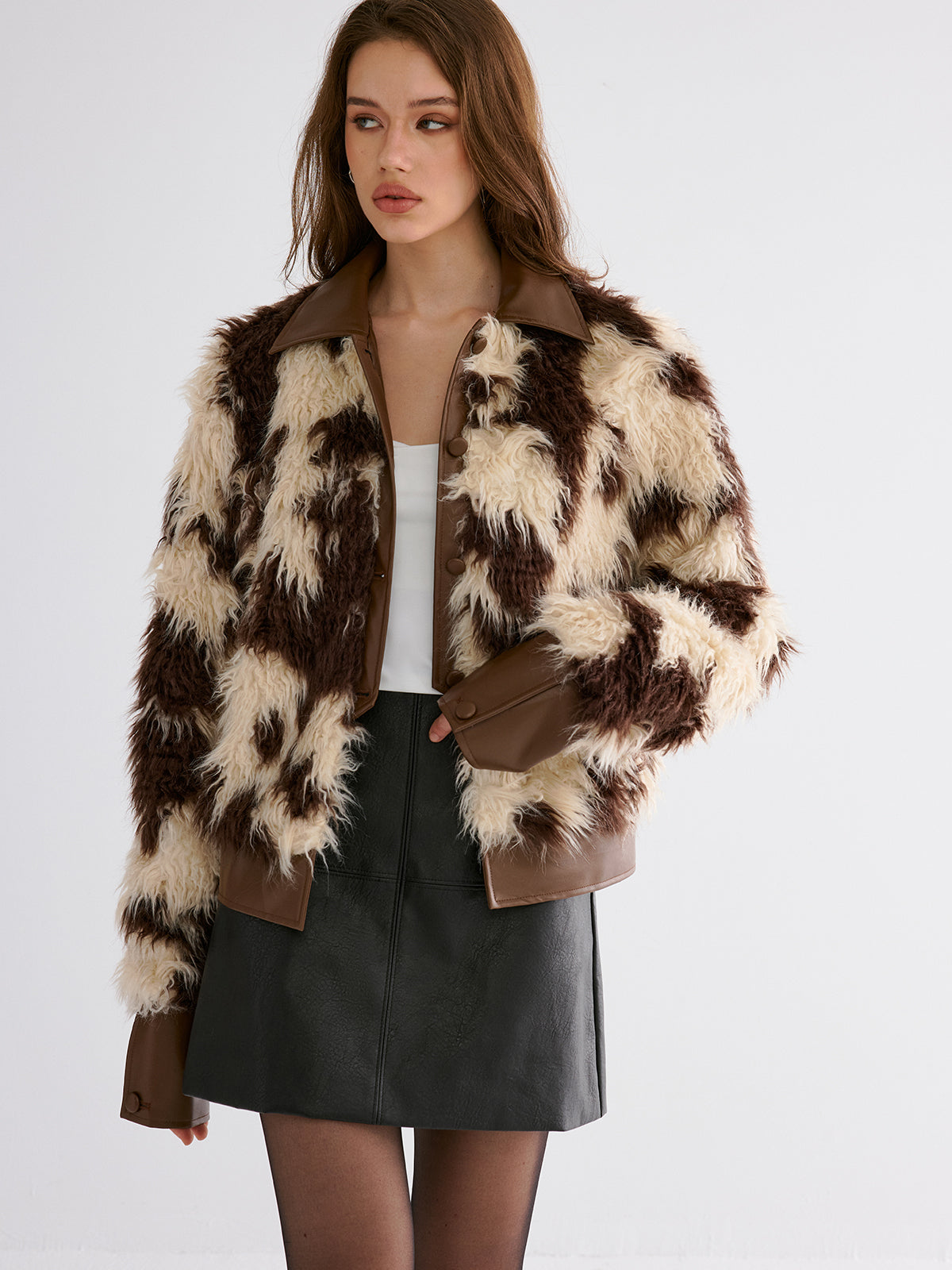 Faux Leather Panel Faux Fur Coat