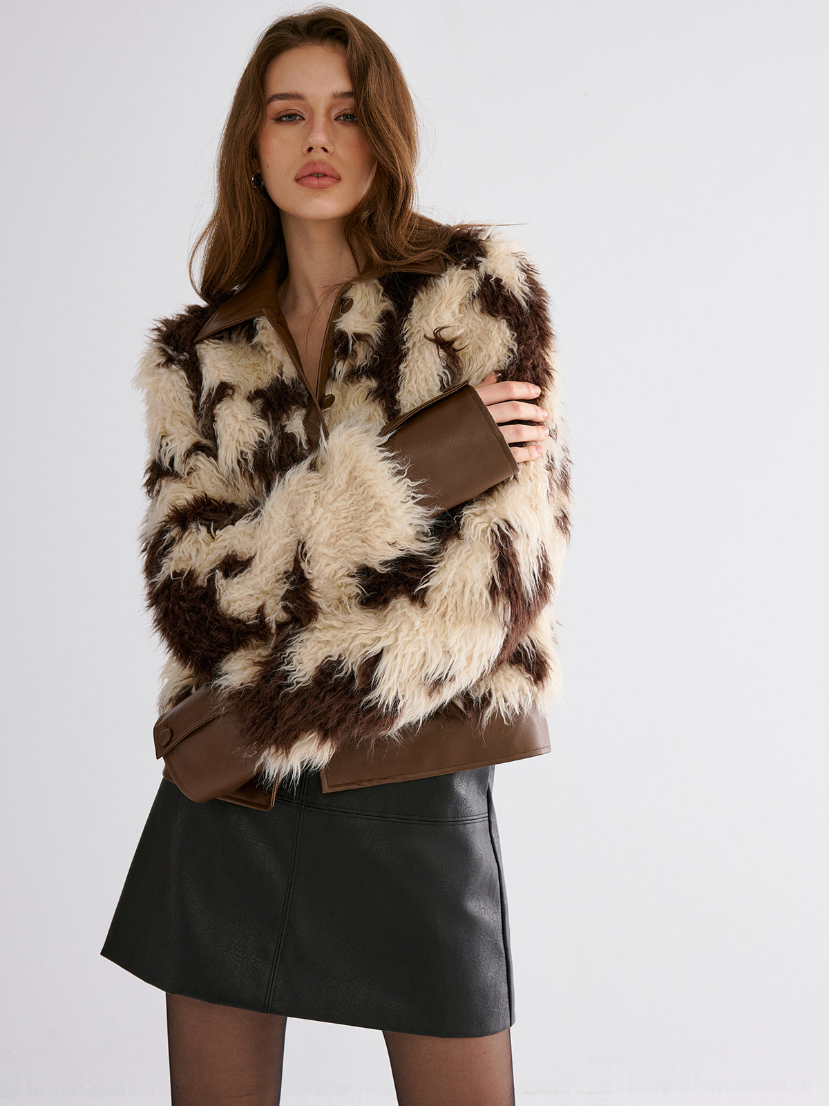 Faux Leather Panel Faux Fur Coat