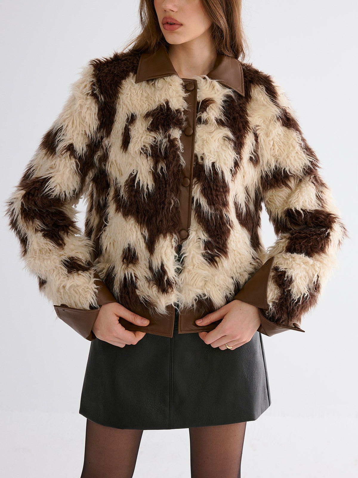 Faux Leather Panel Faux Fur Coat