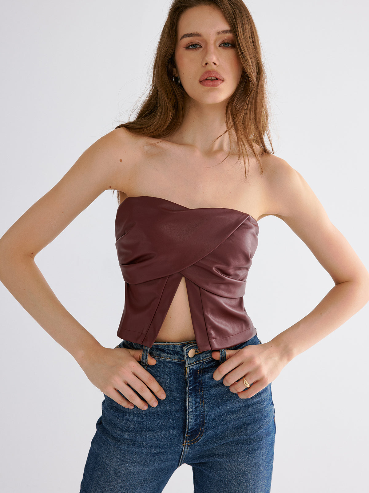 PU Strapless Criss-Cross Crop Top