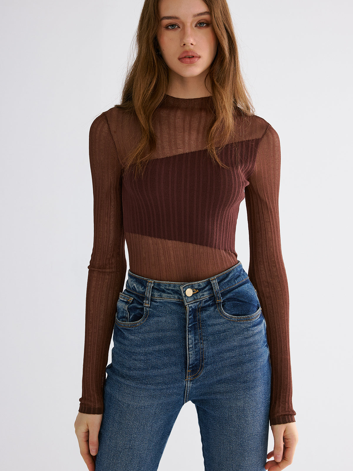 Mock Neck Contrast Mesh Top