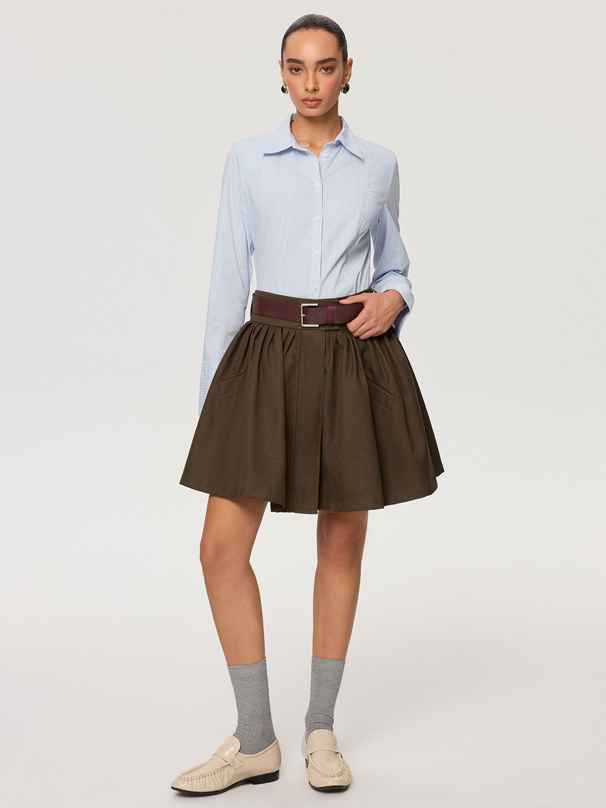 Belted Pocket Pleated Mini Skirt