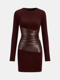 PU Leather Panel Long Sleeve Knit Dress