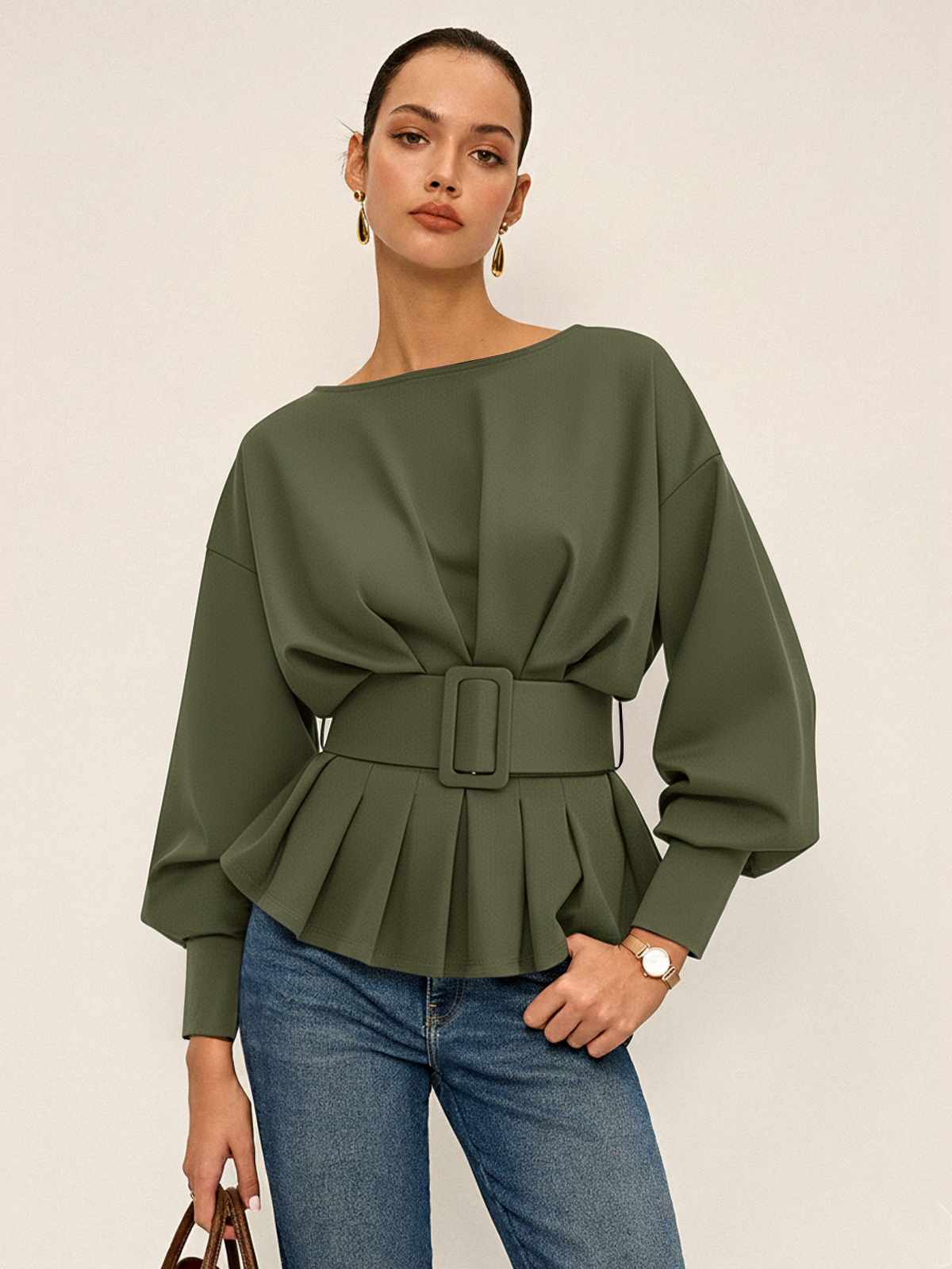 Boat Neck Peplum Sweatshirt with Wide Belt