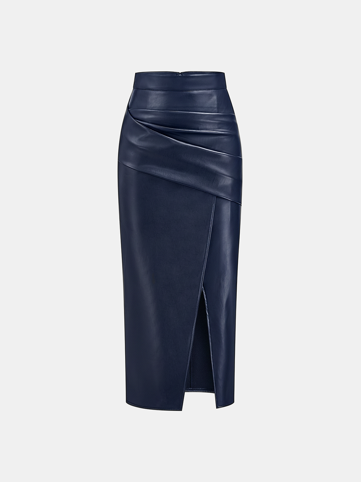 Ruched Slit PU Leather Midi Skirt