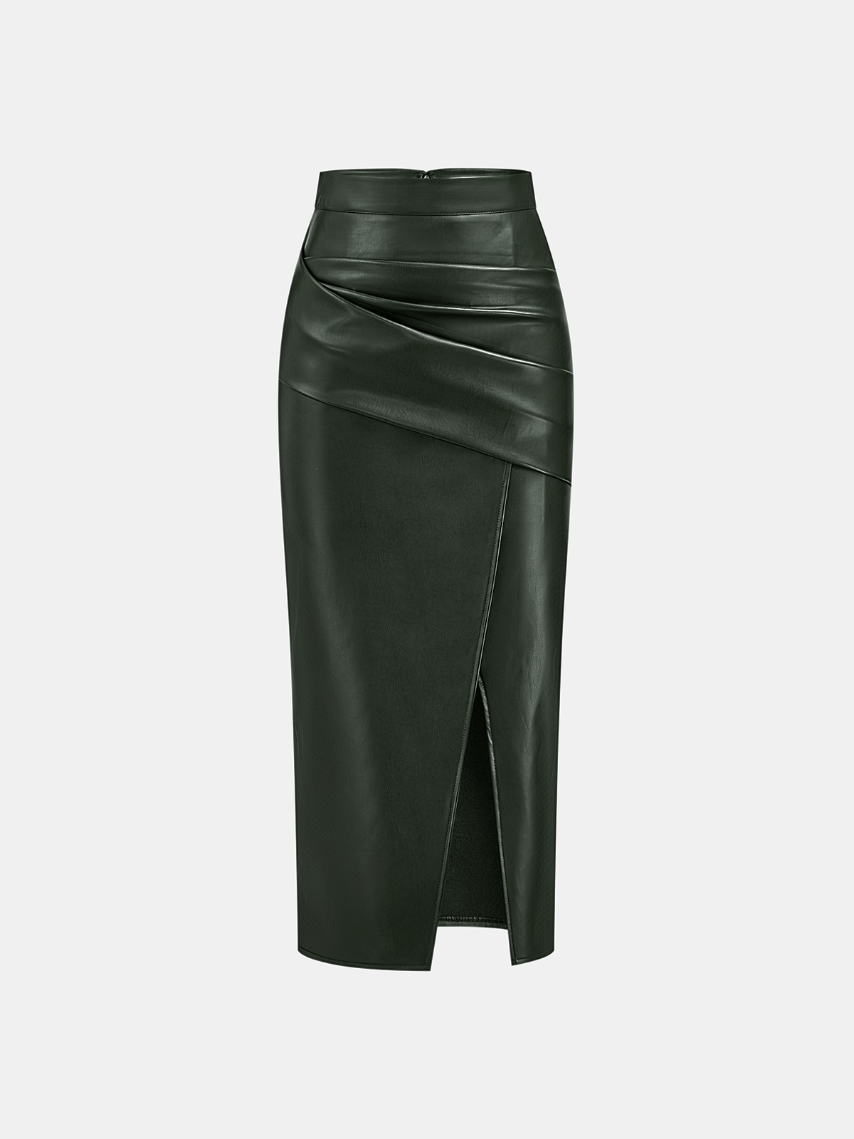 Ruched Slit PU Leather Midi Skirt