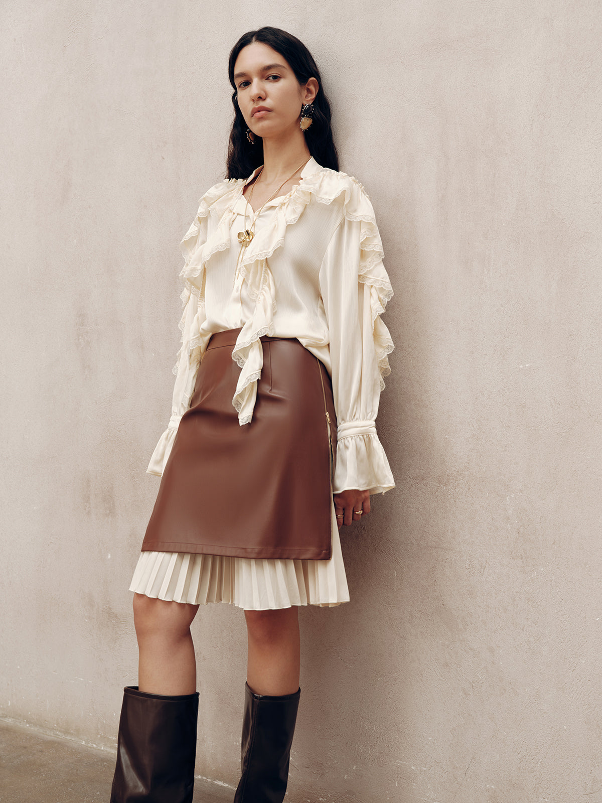 2 in 1 Pleated Zip PU Mini Skirt