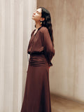 Maxikleid aus Chiffon mit Bindekragen und Raffungen