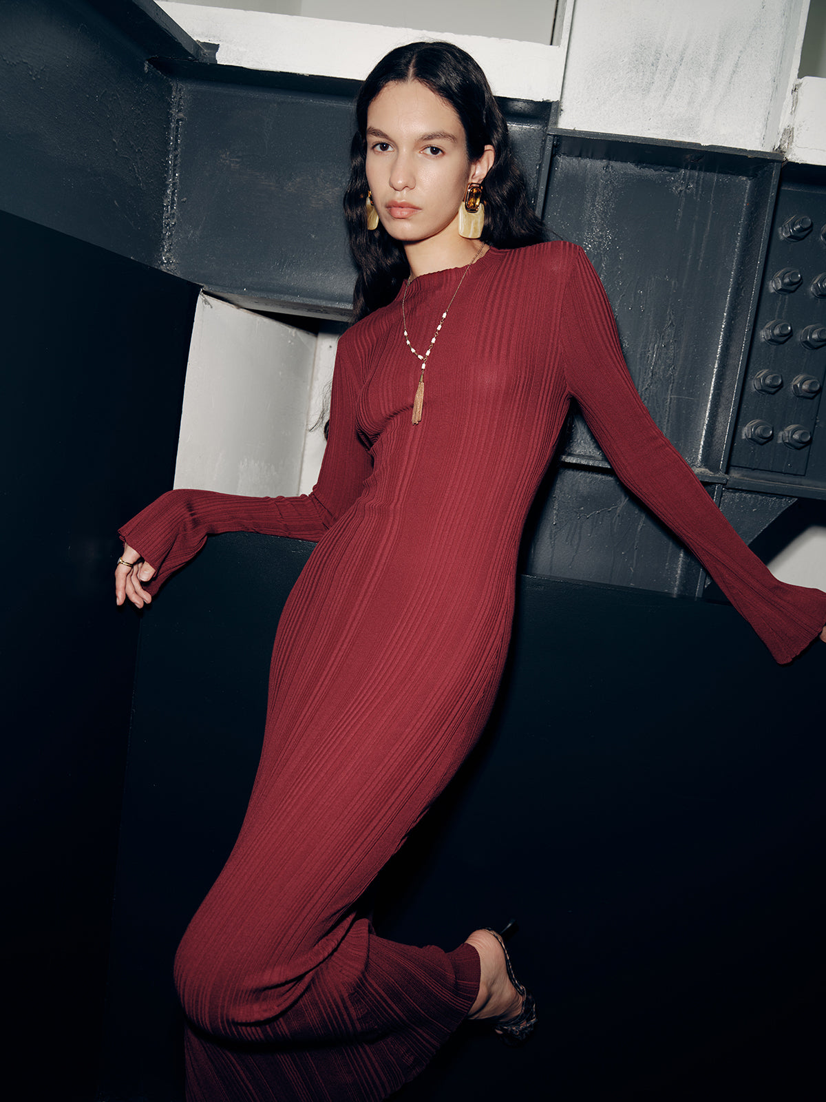 Slim-Fit Long Sleeve Knit Maxi Dress