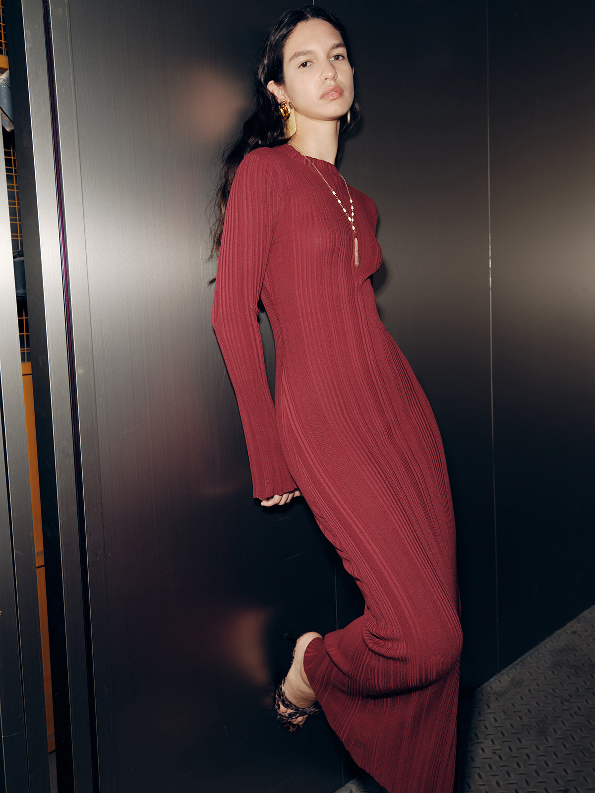 Slim-Fit Long Sleeve Knit Maxi Dress