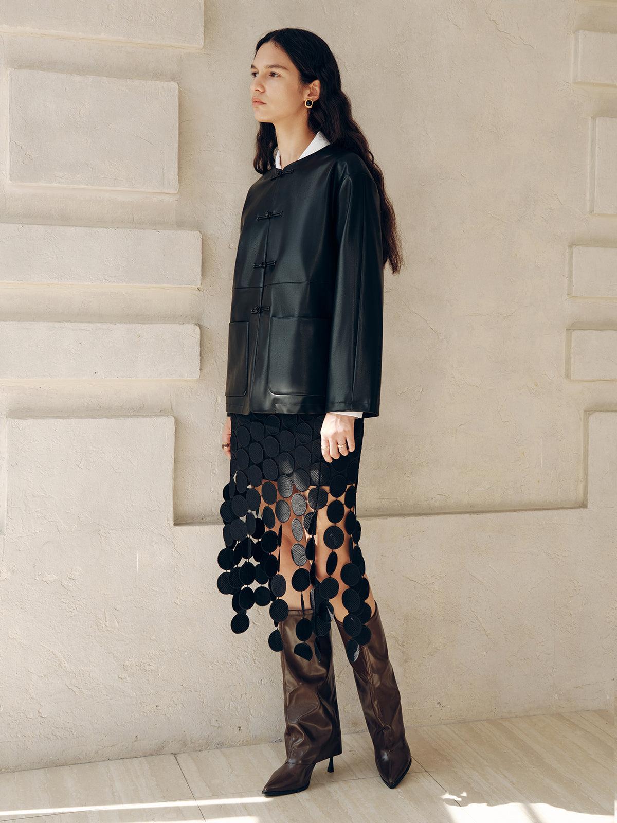 Knot Button Faux Leather Jacket