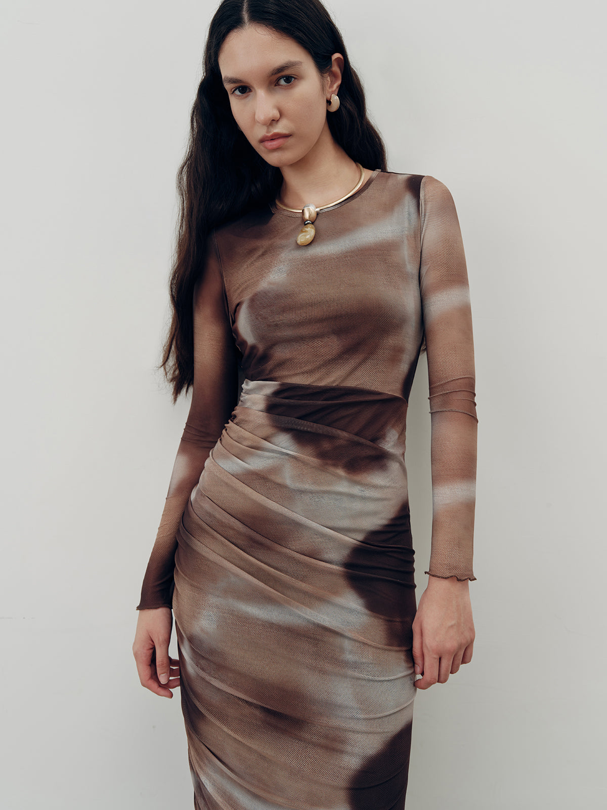 Tie-Dye Ruched Mesh Maxi Dress