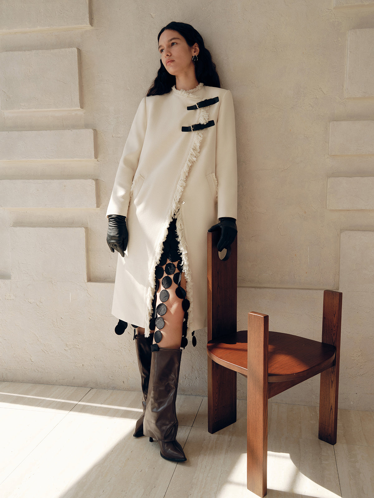 Fringe Trim Buckle Detail Long Coat