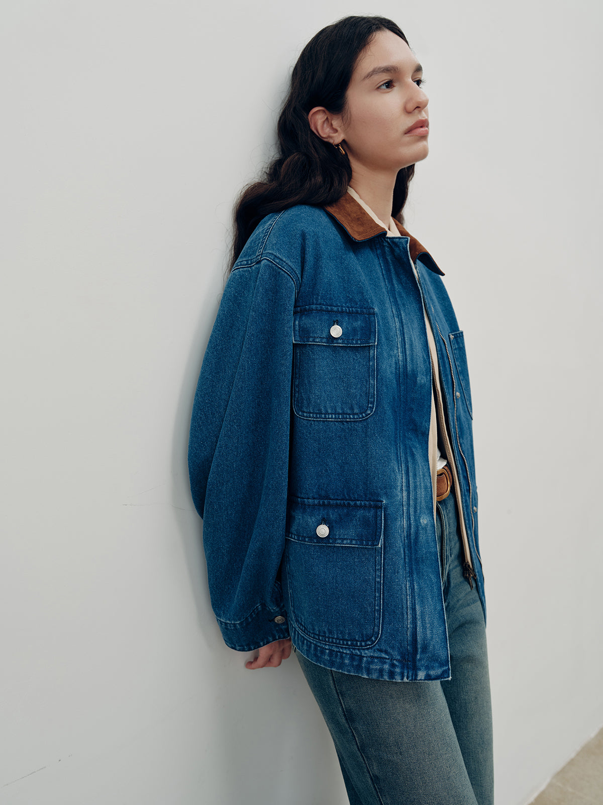 Suede Collar Zip-Front Denim Jacket