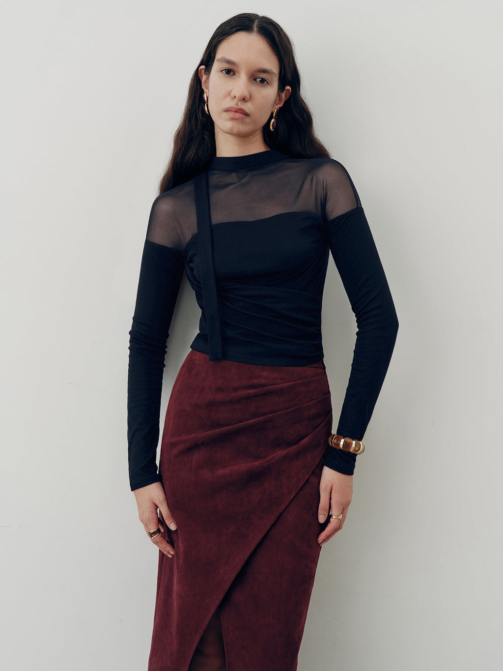 Sheer Mesh Panel Long Sleeve Top