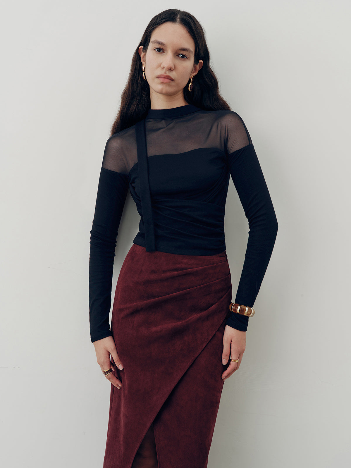 Sheer Mesh Panel Long Sleeve Top