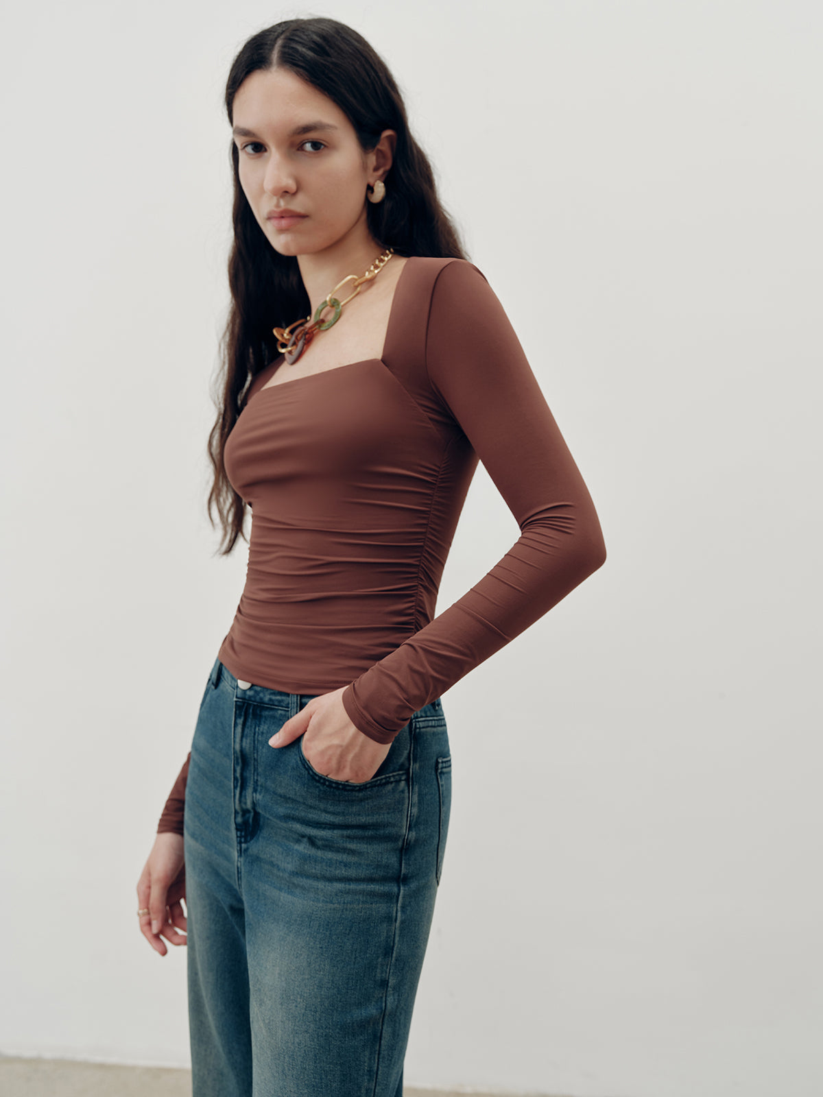 Square-Neck Ruched Long Sleeve Top