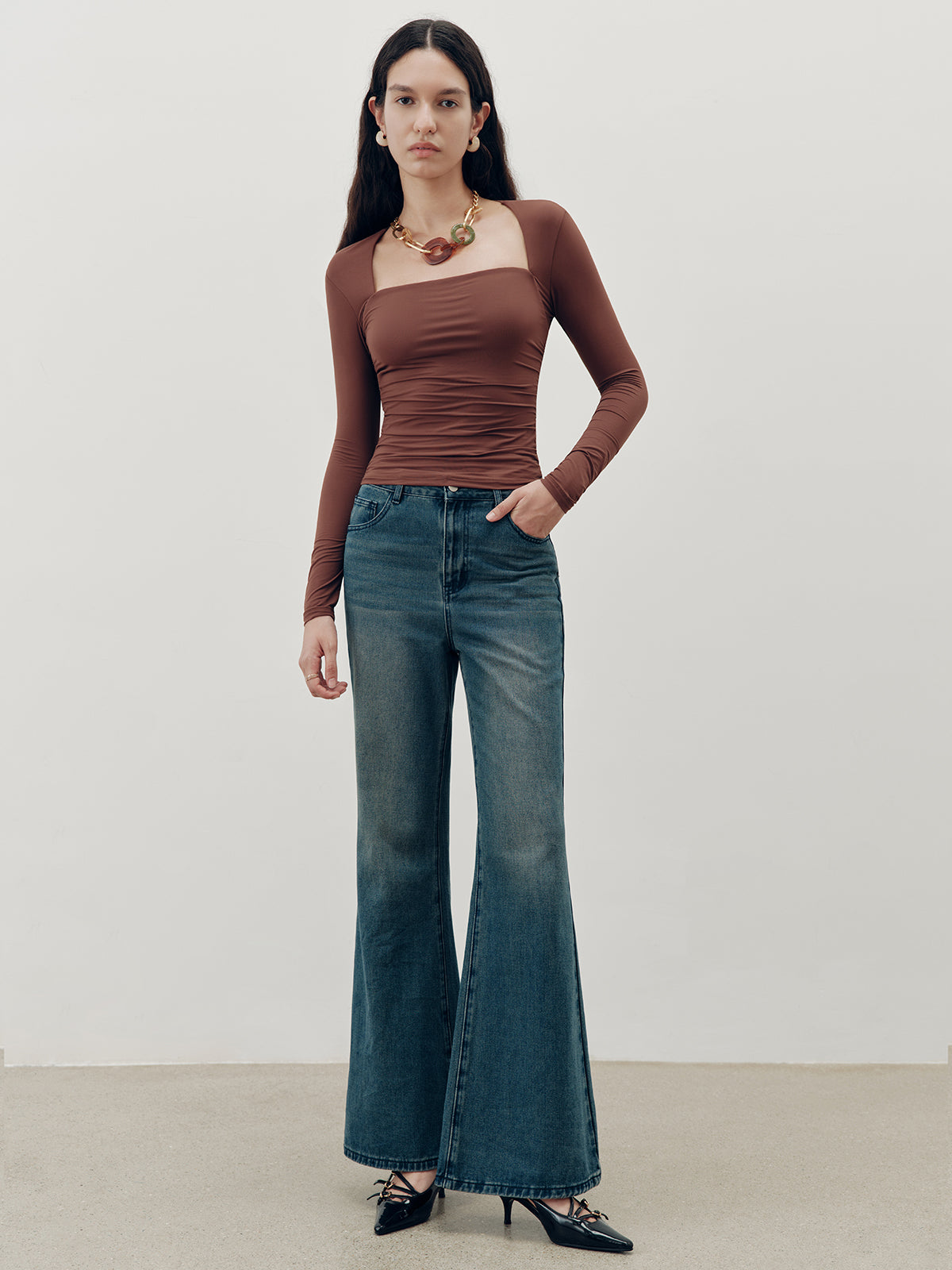 Square-Neck Ruched Long Sleeve Top