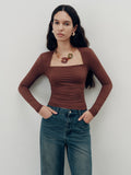 Square-Neck Ruched Long Sleeve Top