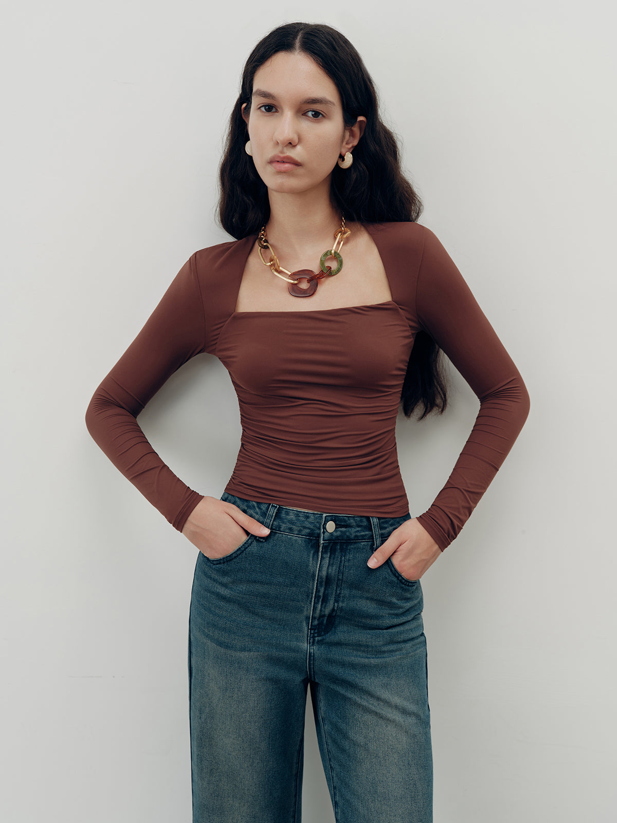 Square-Neck Ruched Long Sleeve Top