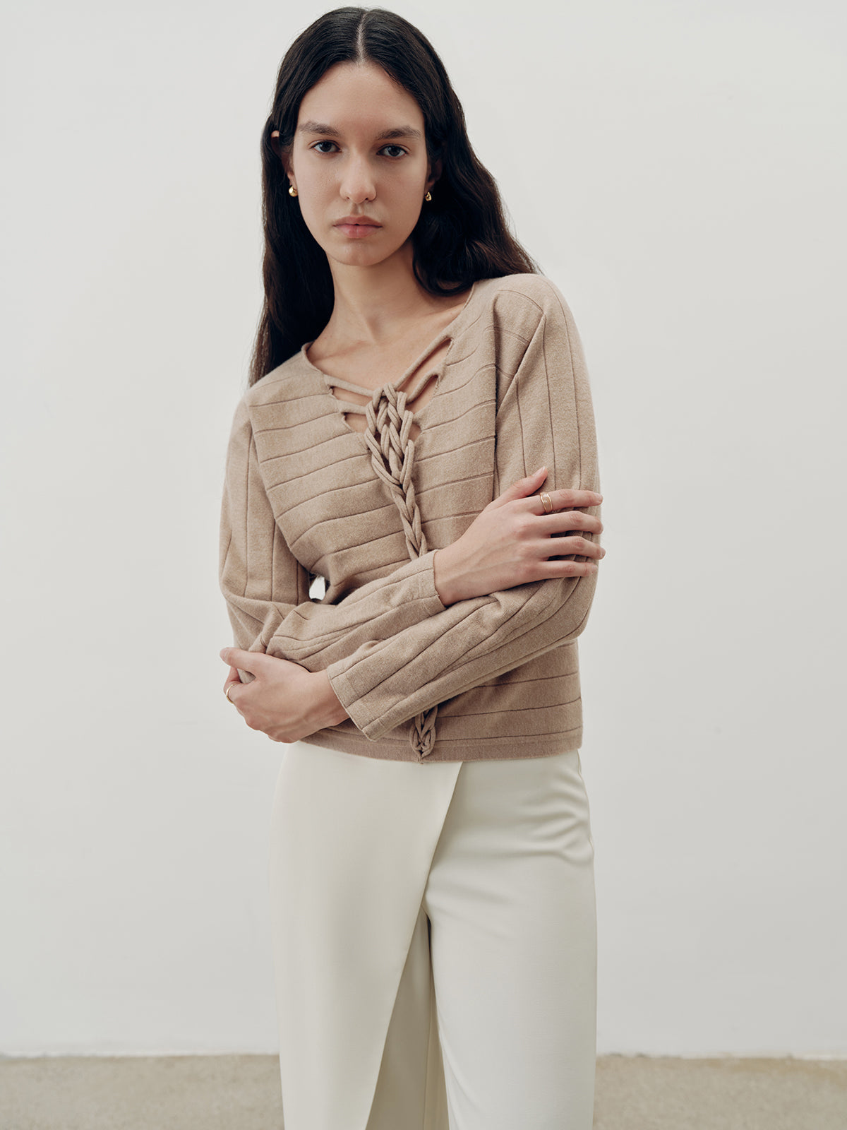 Braided-Front Wool-Blend Knit Top