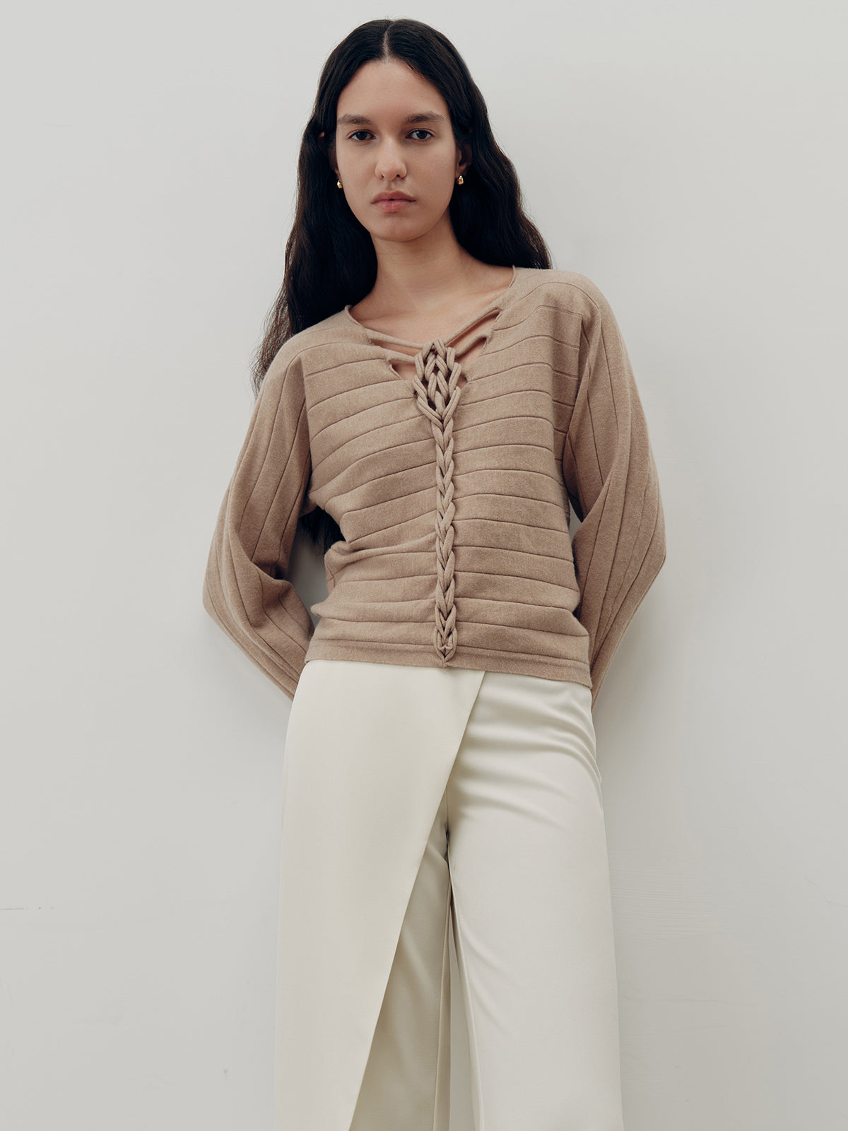 Braided-Front Wool-Blend Knit Top