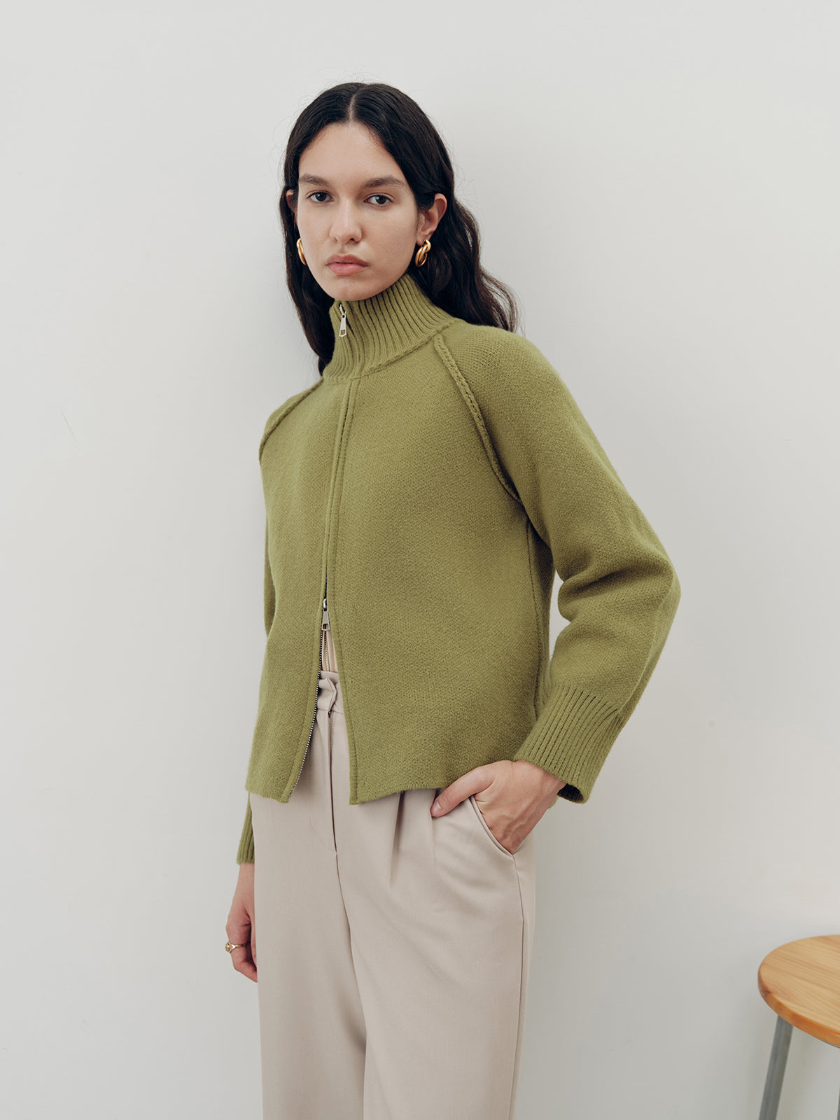 Zip-Up Turtleneck Knit Cardigan