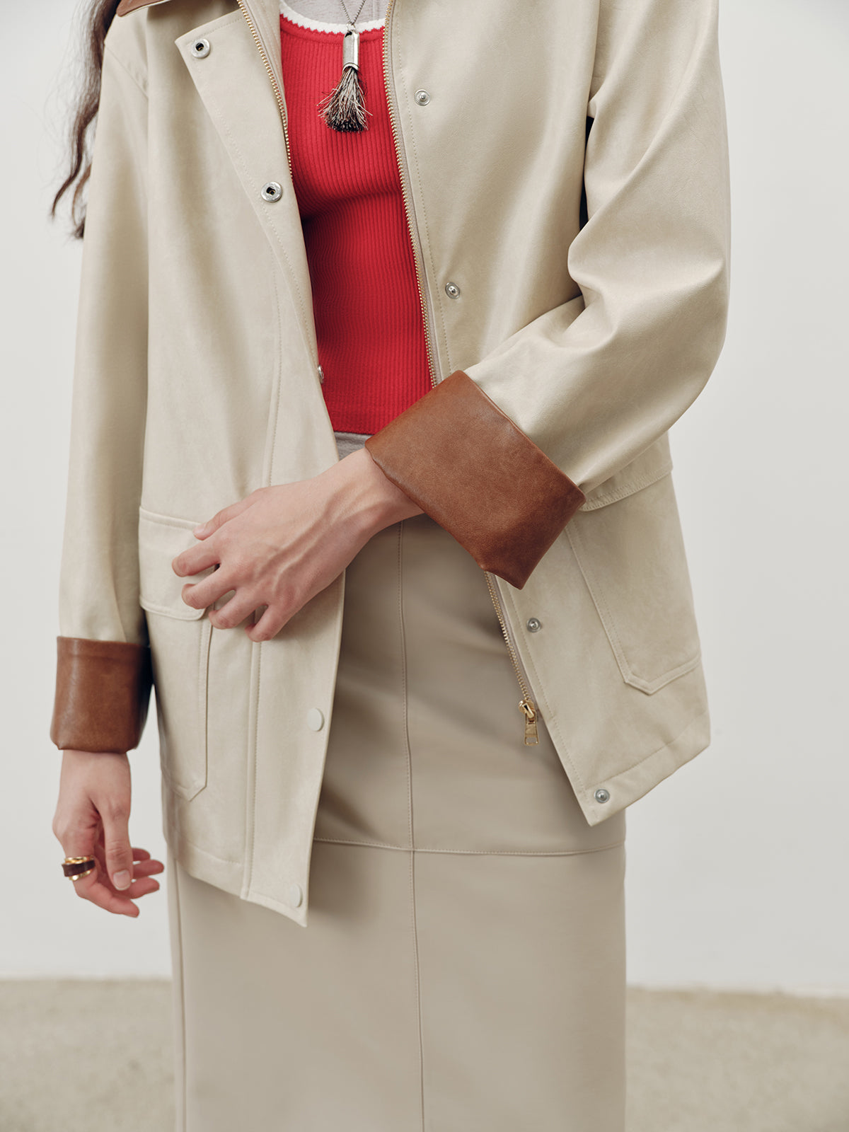 Contrast Collar PU Leather Jacket