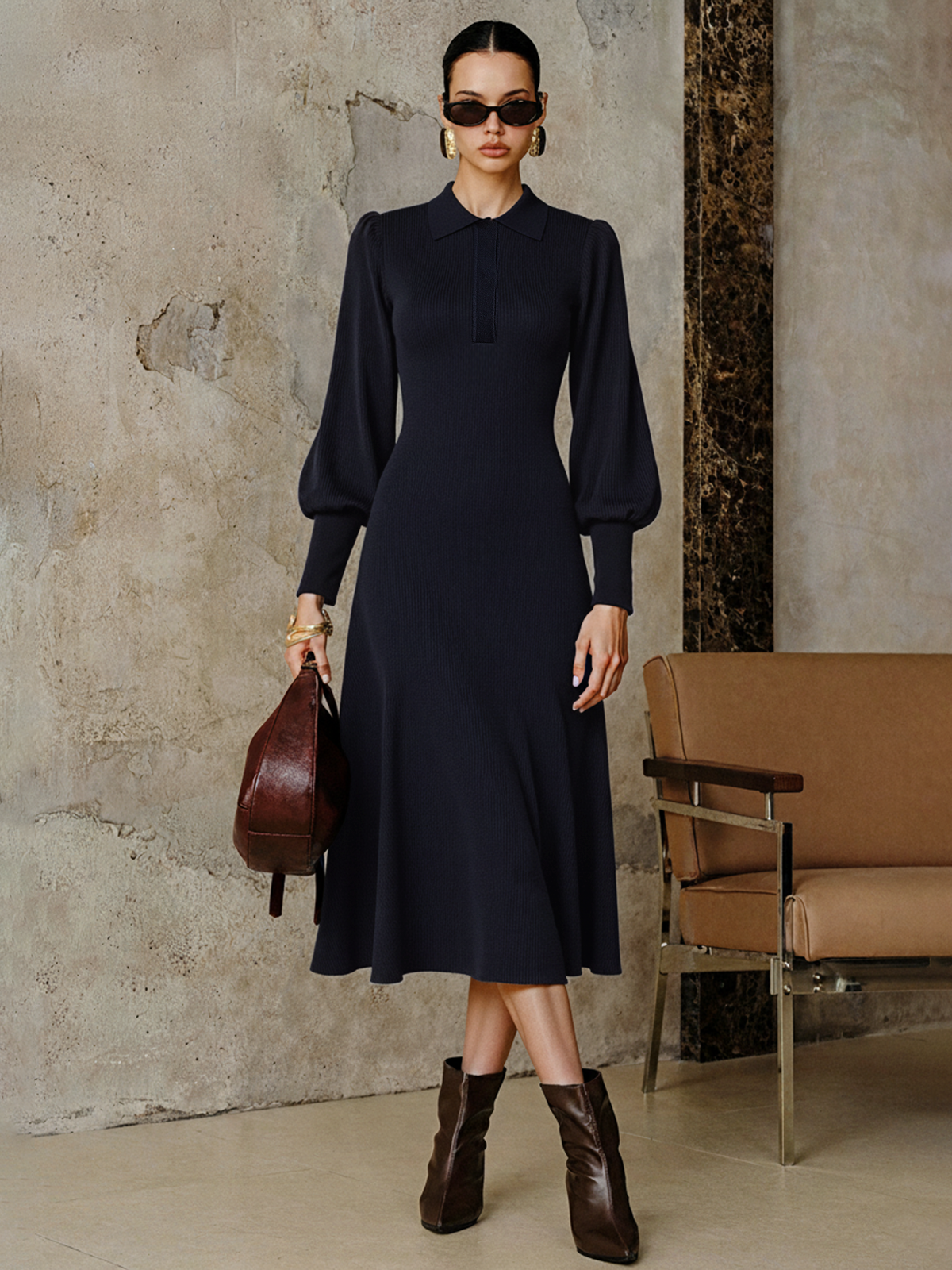 Leg-Of-Mutton Sleeve Wool Blend Collared Midi Dress