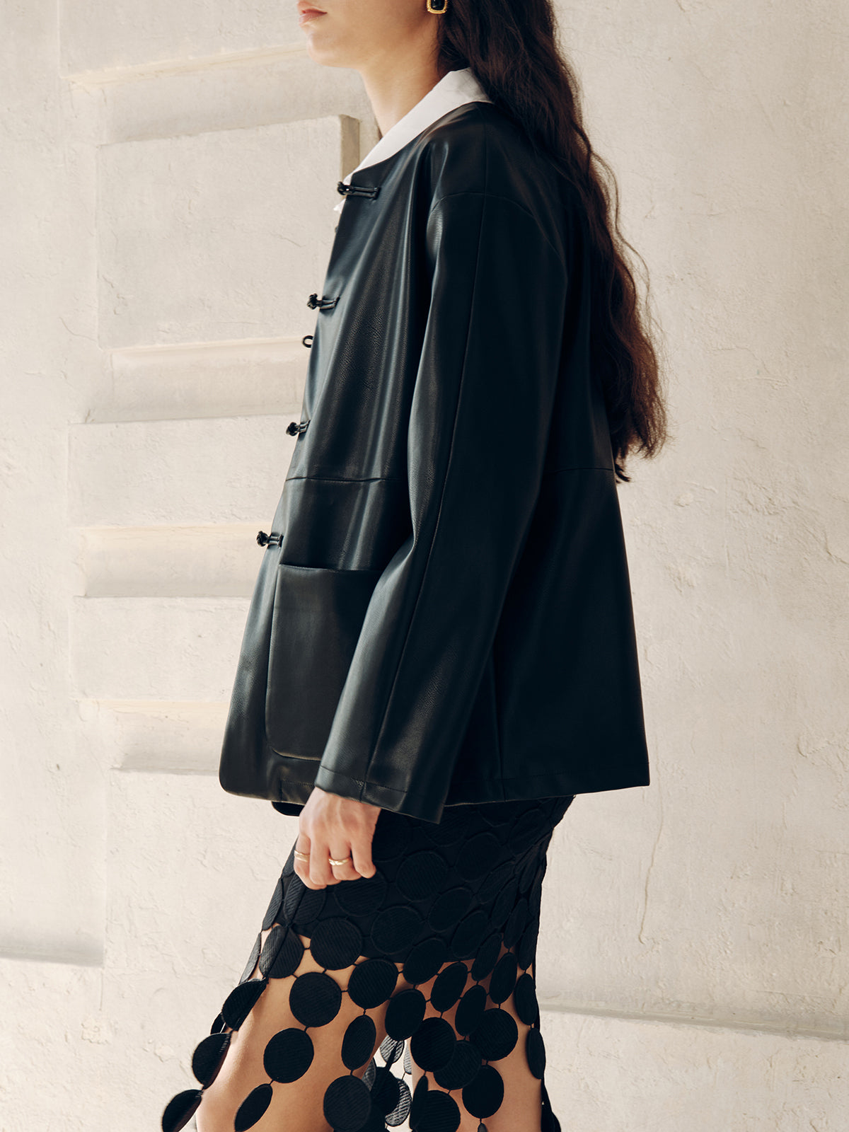 Knot Button Faux Leather Jacket