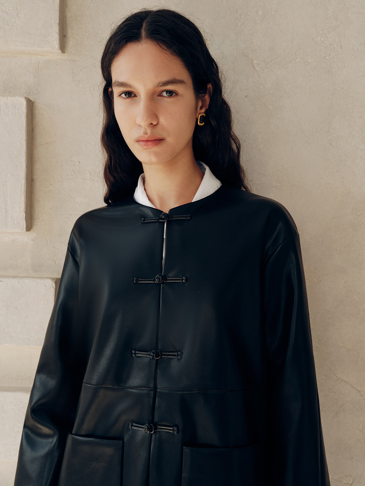 Knot Button Faux Leather Jacket