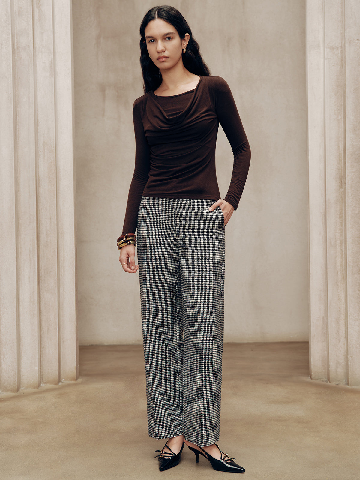 Pantalon Pied-de-Poule Taille Mi-Haute