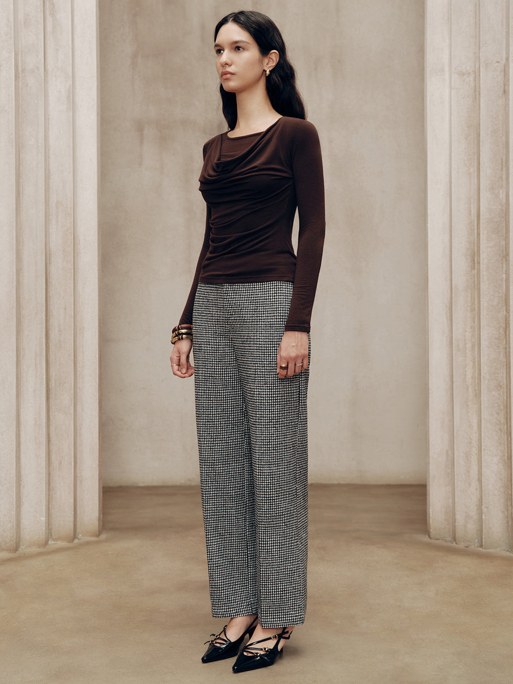 Pantalon Pied-de-Poule Taille Mi-Haute