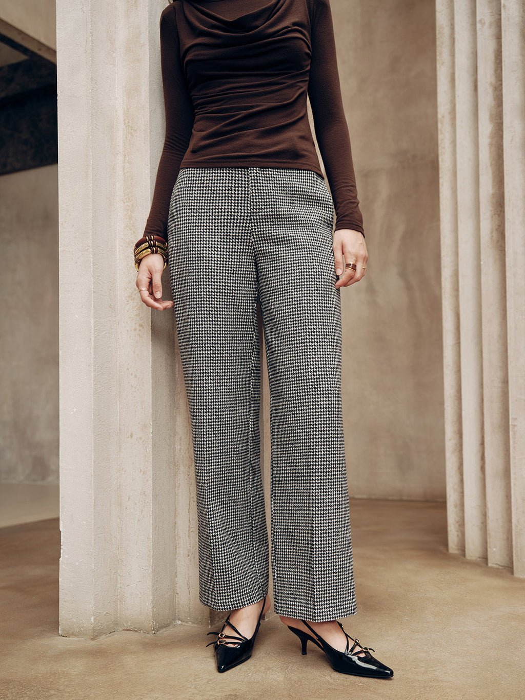 Pantalon Pied-de-Poule Taille Mi-Haute