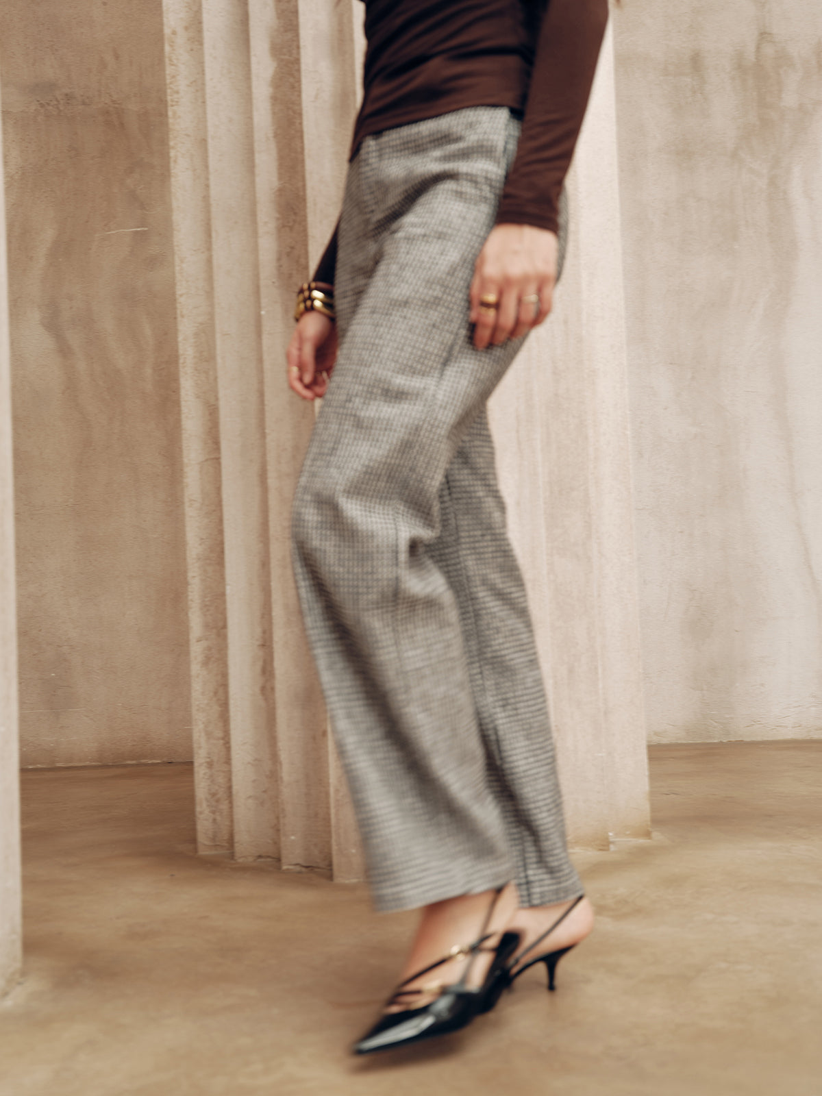 Pantalon Pied-de-Poule Taille Mi-Haute