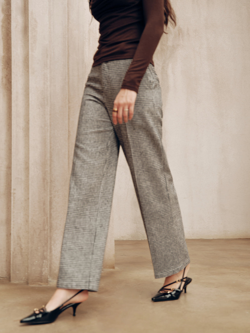 Pantalon Pied-de-Poule Taille Mi-Haute