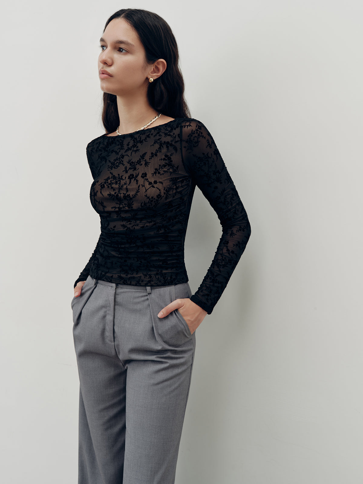 T-shirt à manches longues en dentelle florale