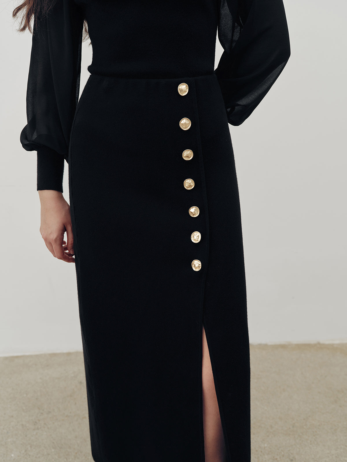 Metal Button Slit Maxi Skirt