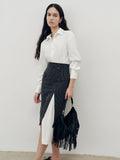 Hemdblusenkleid und Nadelstreifenrock mit Schlitz Zweiteiler
