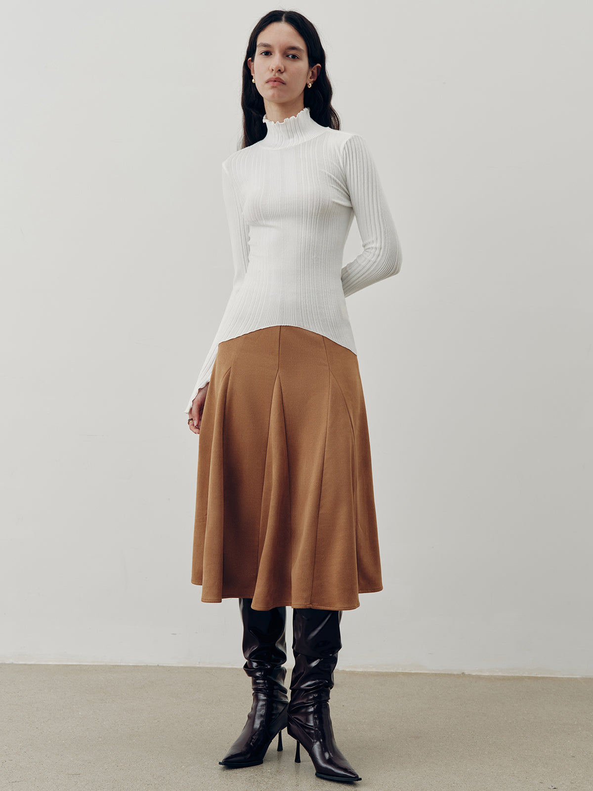 Turtleneck Ruffled Ribbed Knit Top