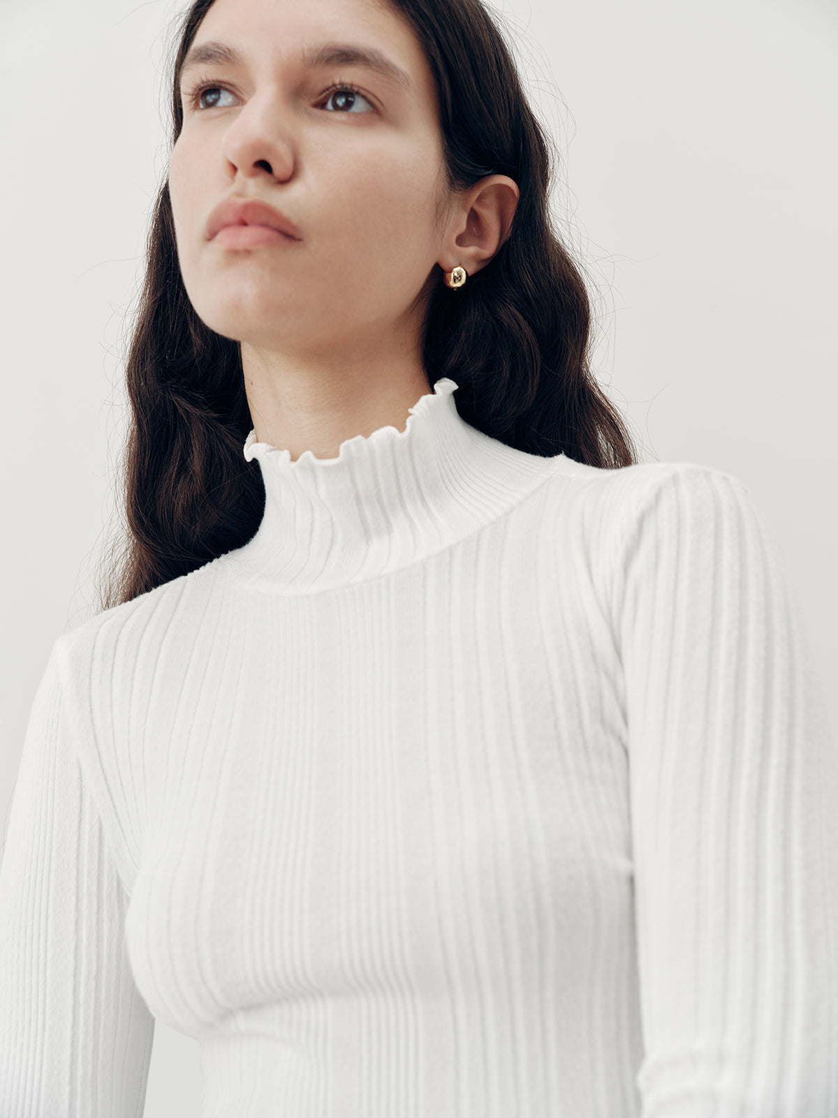Turtleneck Ruffled Ribbed Knit Top