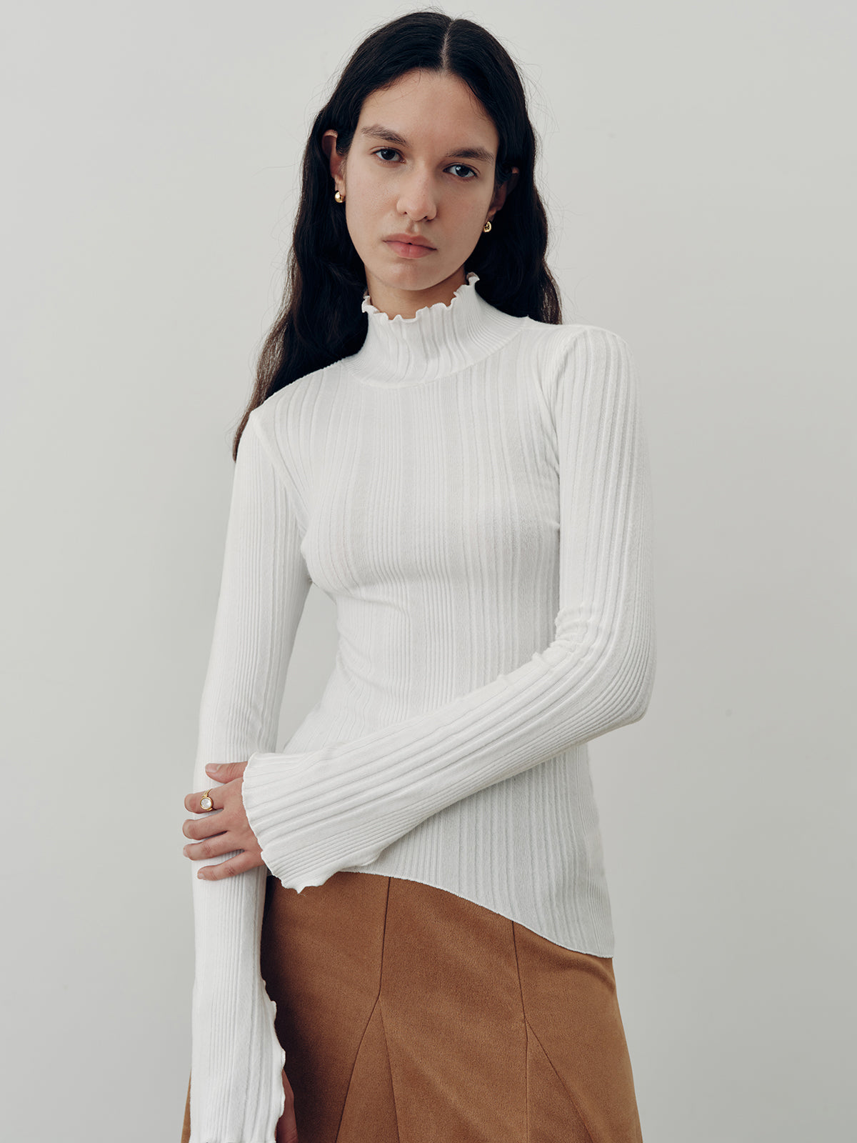 Turtleneck Ruffled Ribbed Knit Top