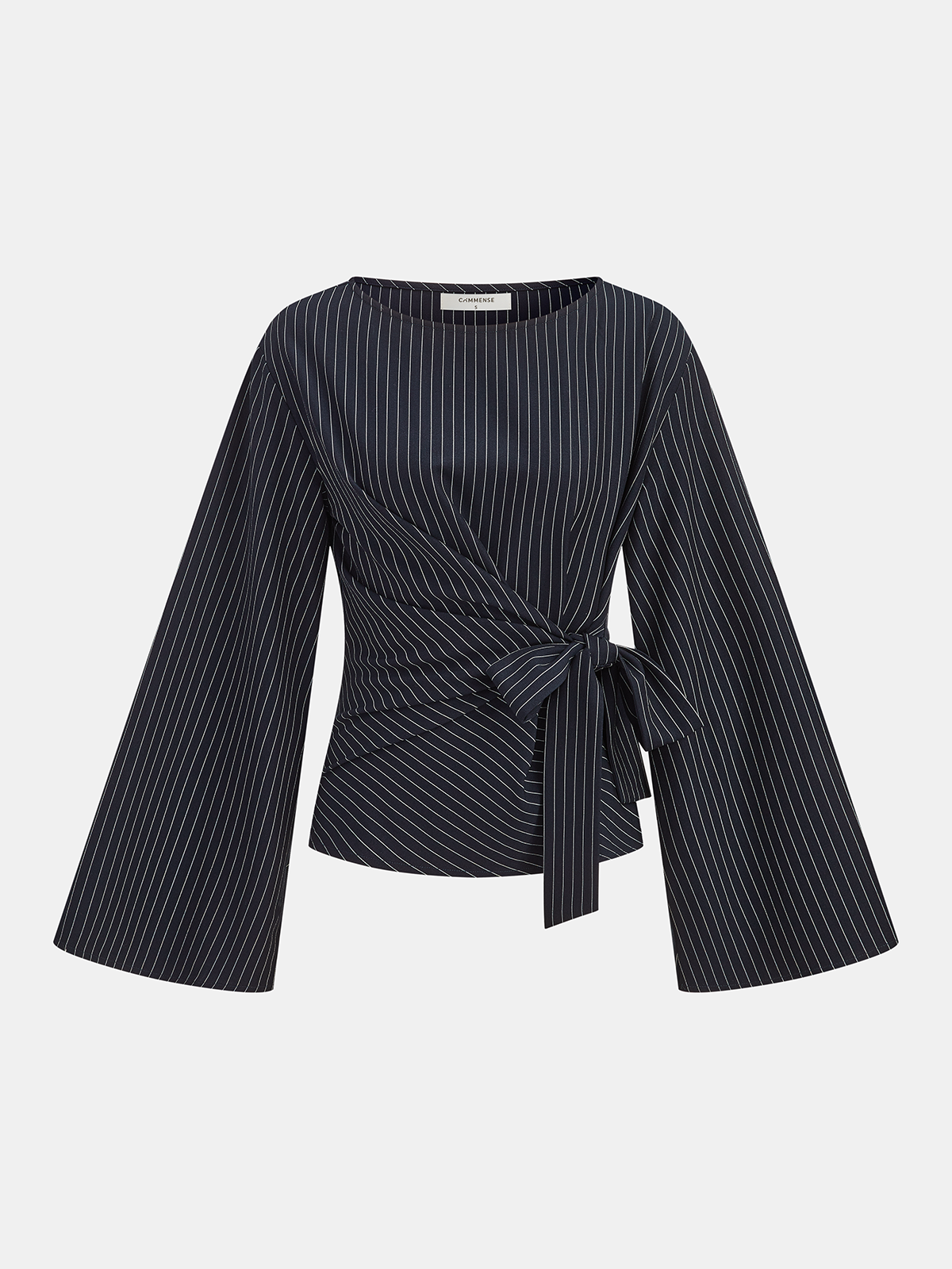 Flared Sleeve Pinstripe Wrap Blouse