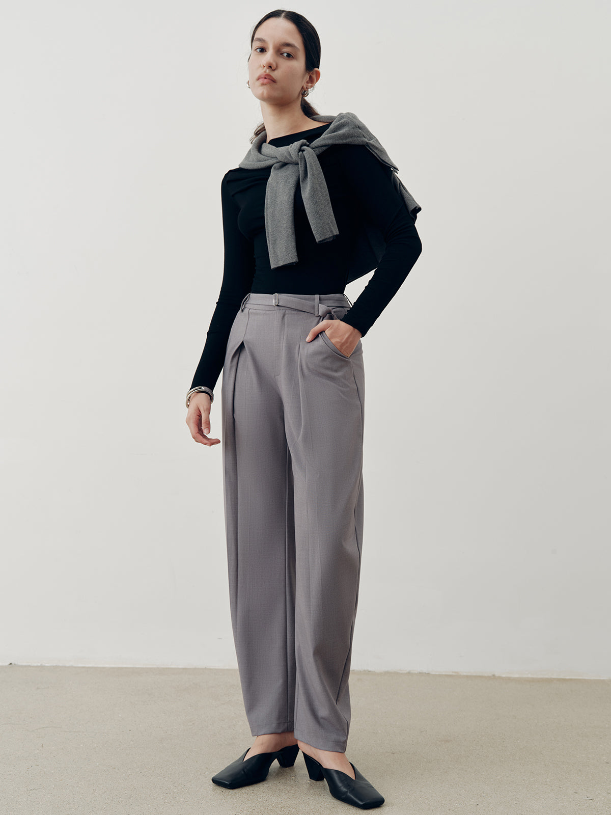 Mid-Waist Belted Pleated Pants