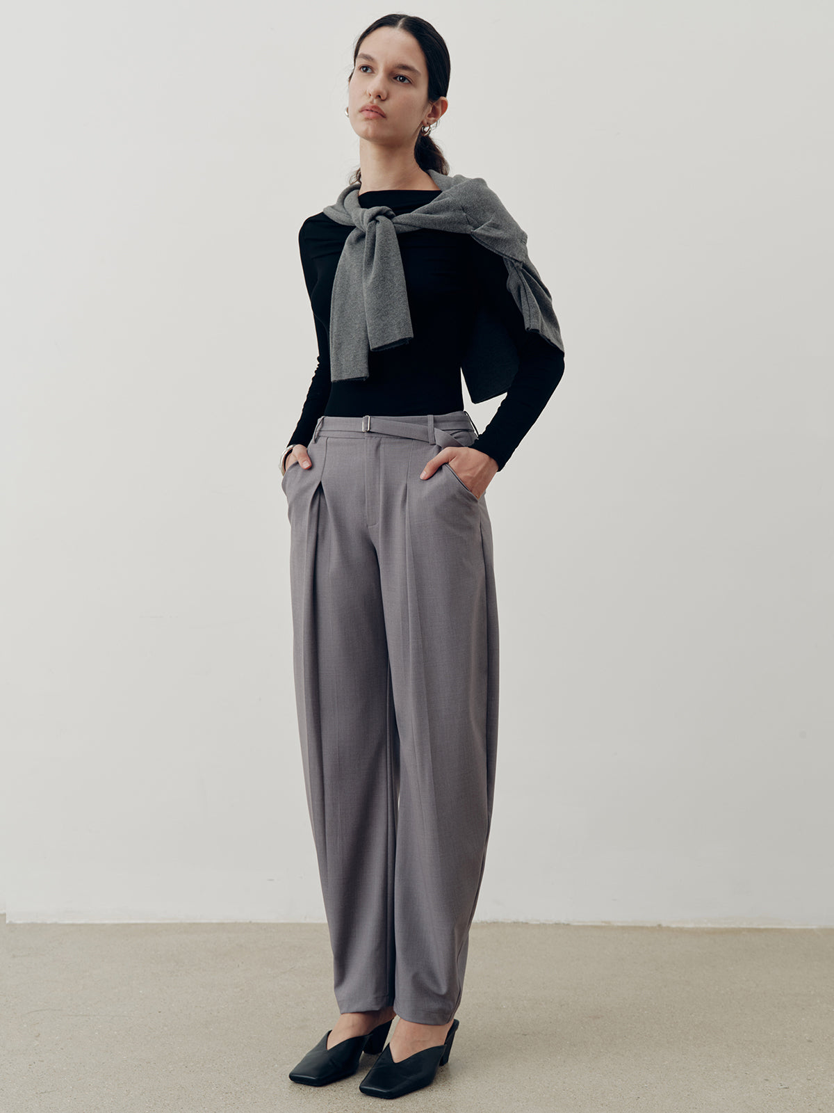 Mid-Waist Belted Pleated Pants