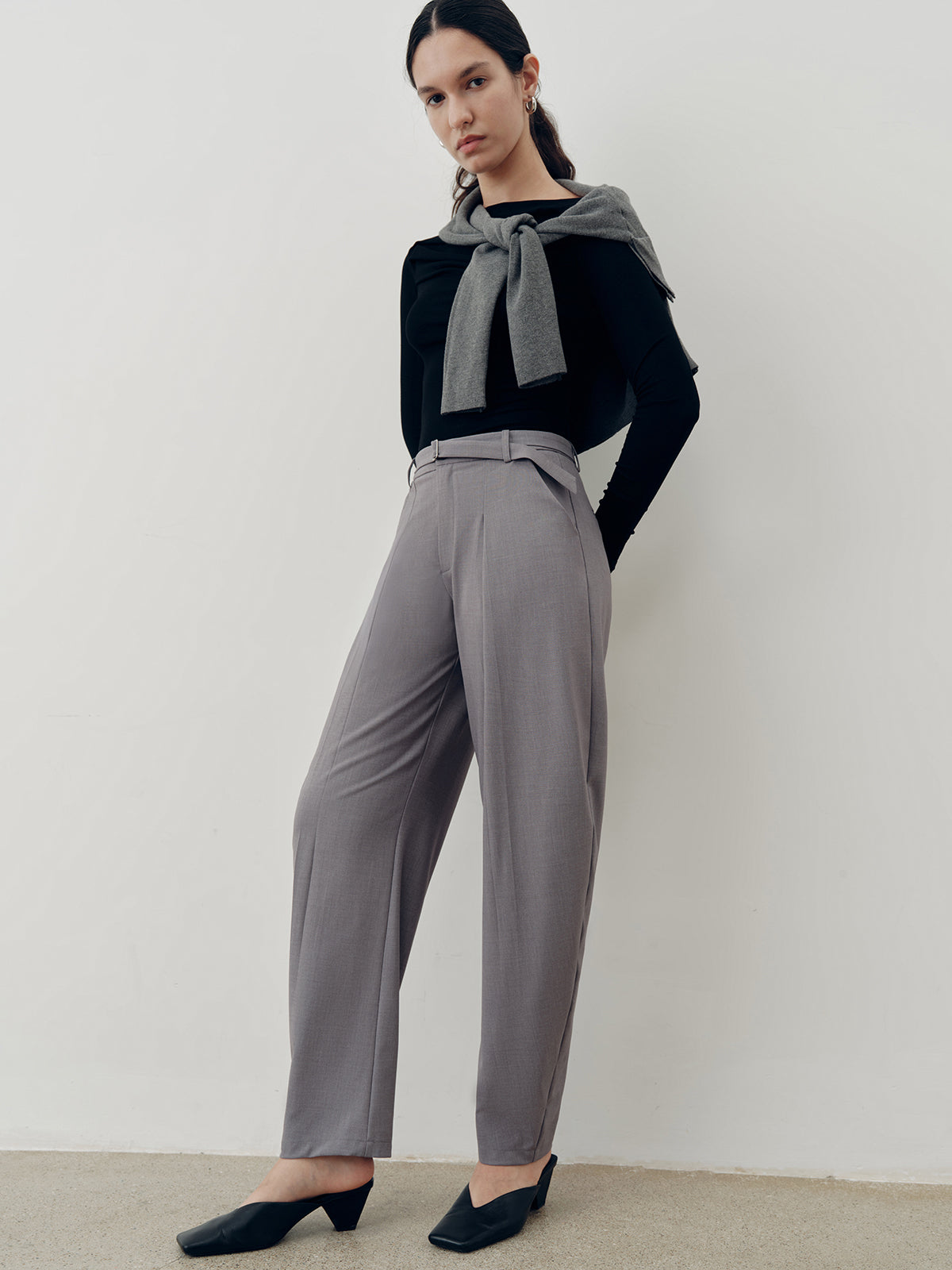 Mid-Waist Belted Pleated Pants