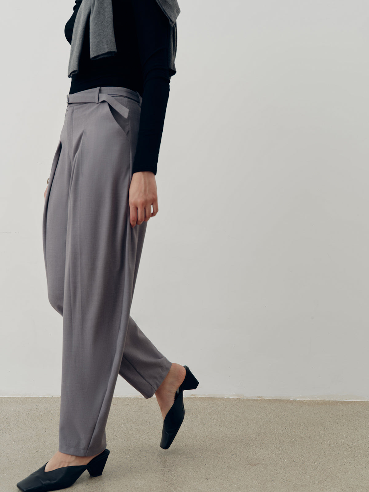 Mid-Waist Belted Pleated Pants