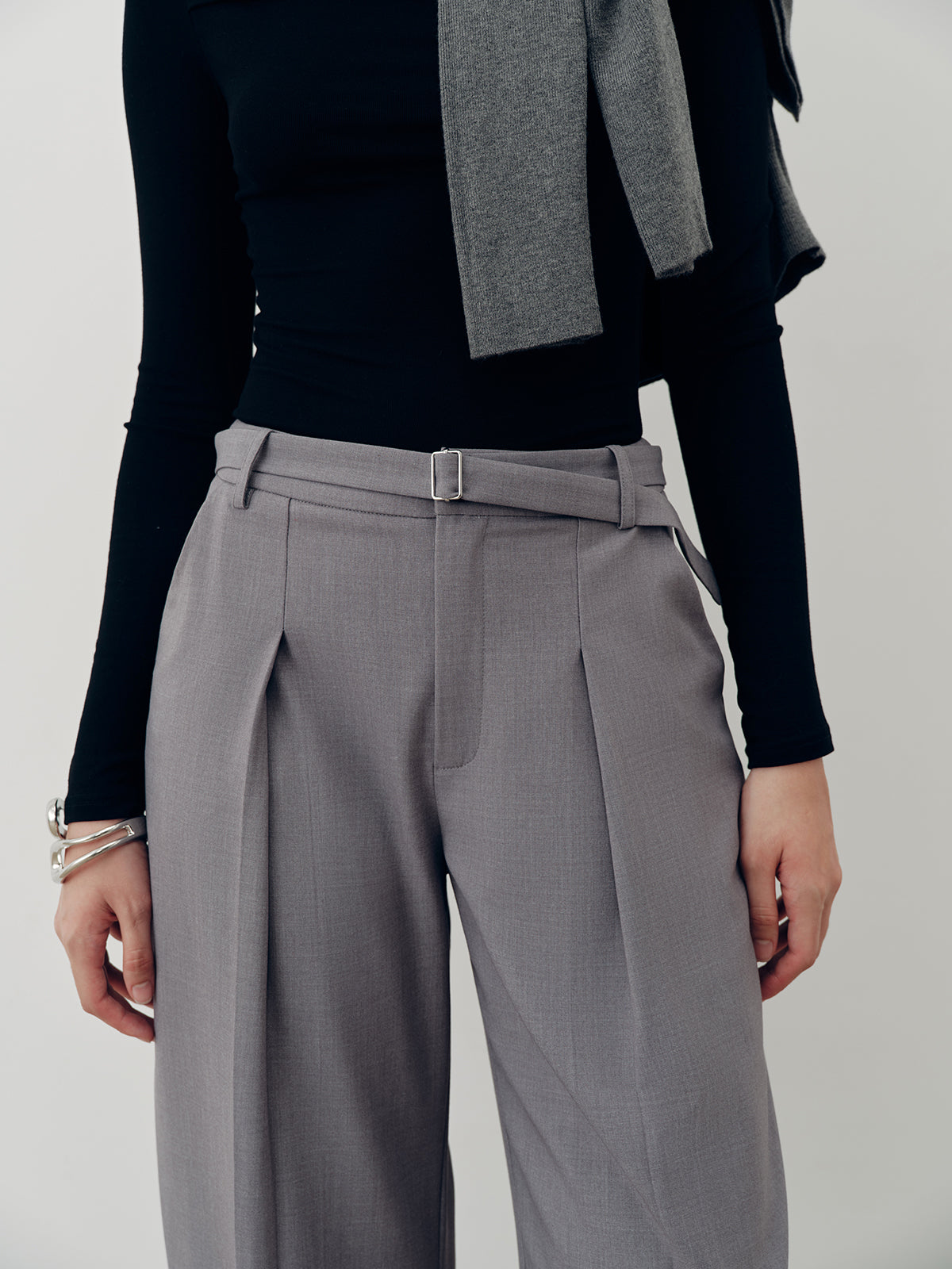 Mid-Waist Belted Pleated Pants